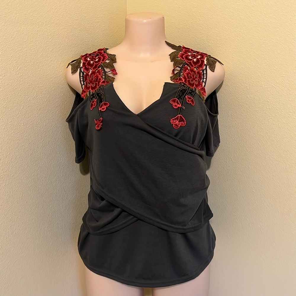 Grey top with floral cut out shoulders